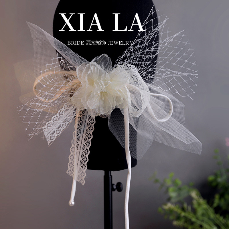 夏拉手工原创款仙气米白纱花朵蕾丝缎带头花新娘甜美写真儿童头饰