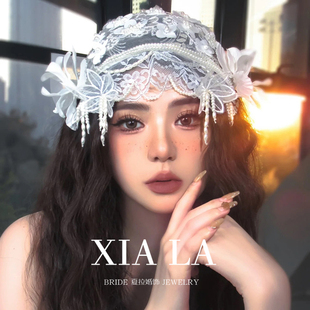 夏拉新款手工蕾丝串珠新娘头饰法式港风纱帽蝴蝶结减龄婚纱头饰品