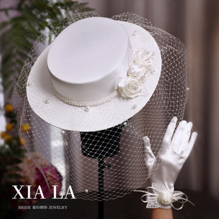 2025新品法式赫本风白色缎面大礼帽英伦优雅复古名媛影楼造型礼貌
