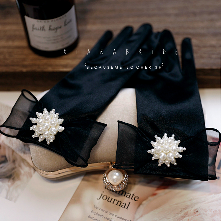 原创超仙珍珠蝴蝶结薄纱黑色手套