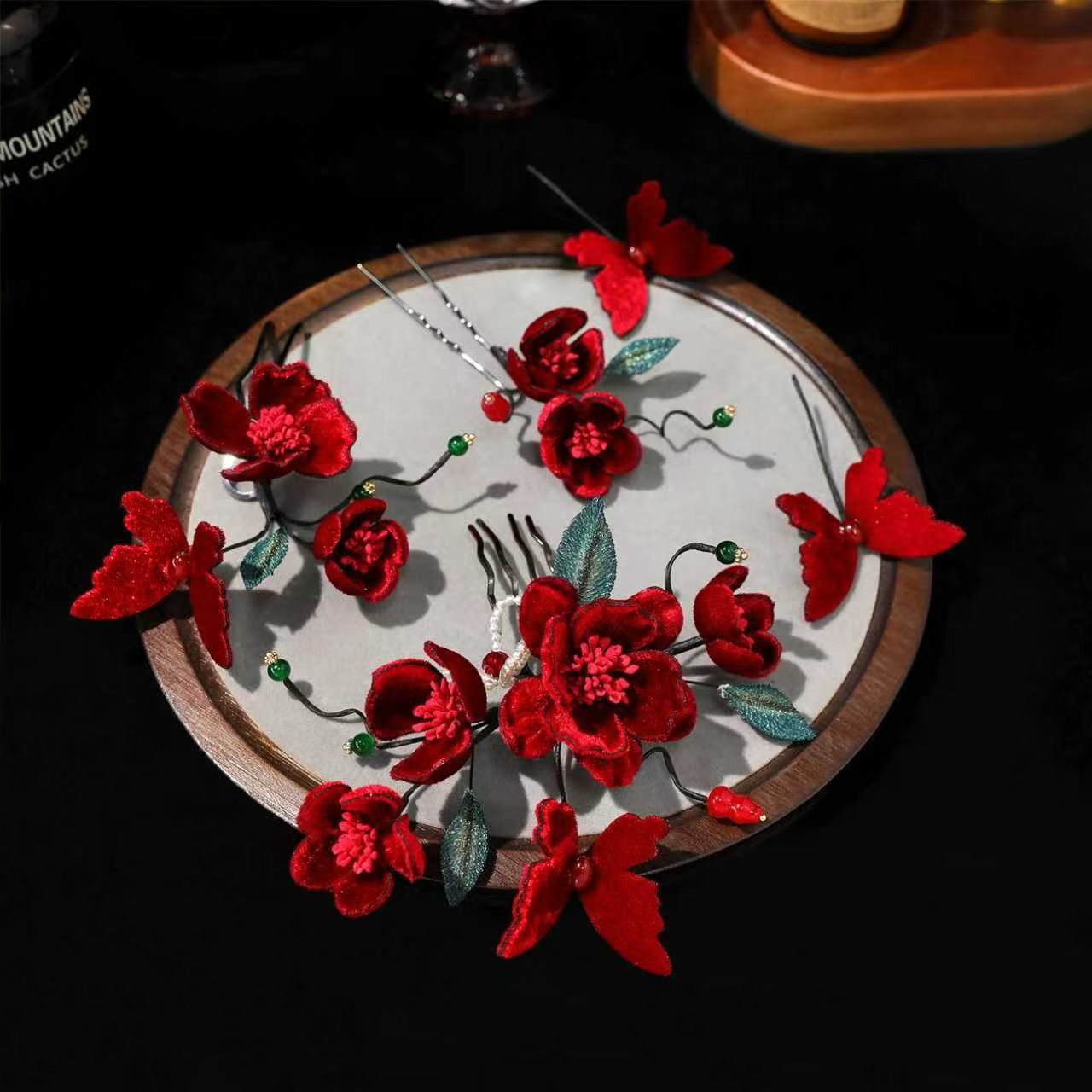 夏拉新款红色丝绒头花中式套装敬酒服旗袍新中式新娘头花