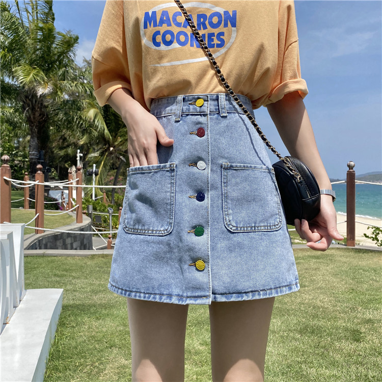 2021 new versatile skirt women's color single breasted simple denim A-line skirt short skirt