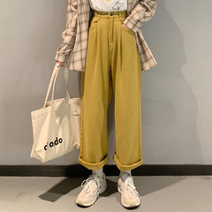 Real shot real price spring new energy student jeans wide leg show thin pants bright yellow