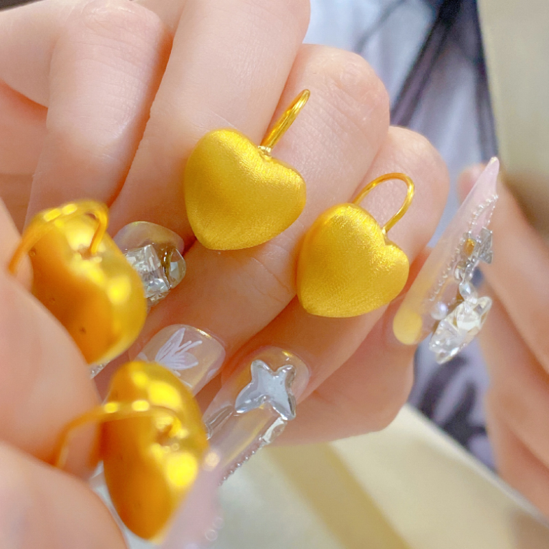 5D硬金黄金爱心耳环999足金女款纯金心形耳夹纯金耳饰送女友礼物