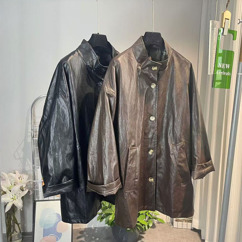 高级感宽松显瘦单排扣2024秋冬超好看中长款酷飒风大版皮衣外套女