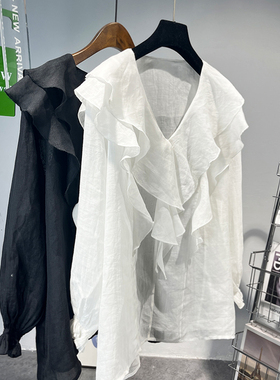 双层荷叶边V领苎麻长袖衬衫女2025夏新款气质百搭宽松薄防晒上衣