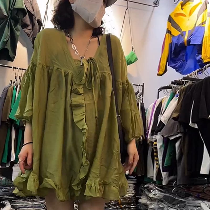 欧货2025夏季苎麻V领荷叶边大版衬衫设计感防晒中长款长袖上衣女