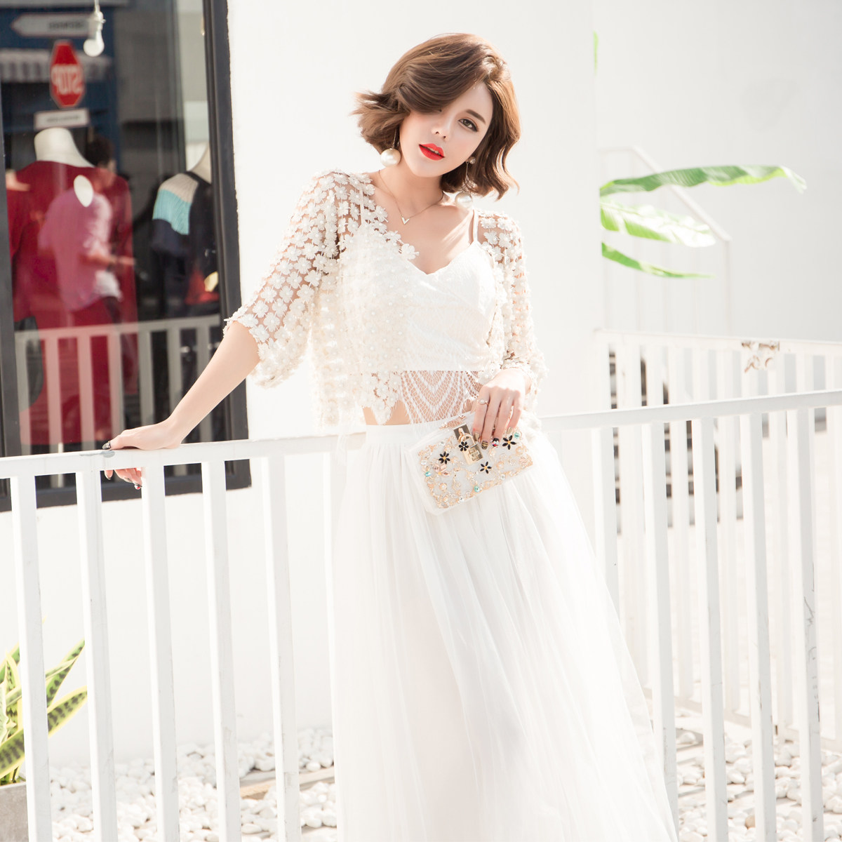 定制夏季气质睫毛蕾丝吊带内搭背心上衣网纱裙连衣裙两件套装