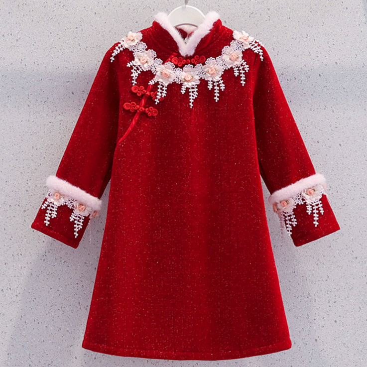 女童旗袍连衣裙秋冬新款中大童新中式长袖公主裙小女孩红色新年服