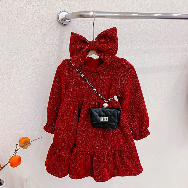 女童加绒连衣裙儿童2025新款洋气冬季公主裙子宝宝周岁红色礼服裙