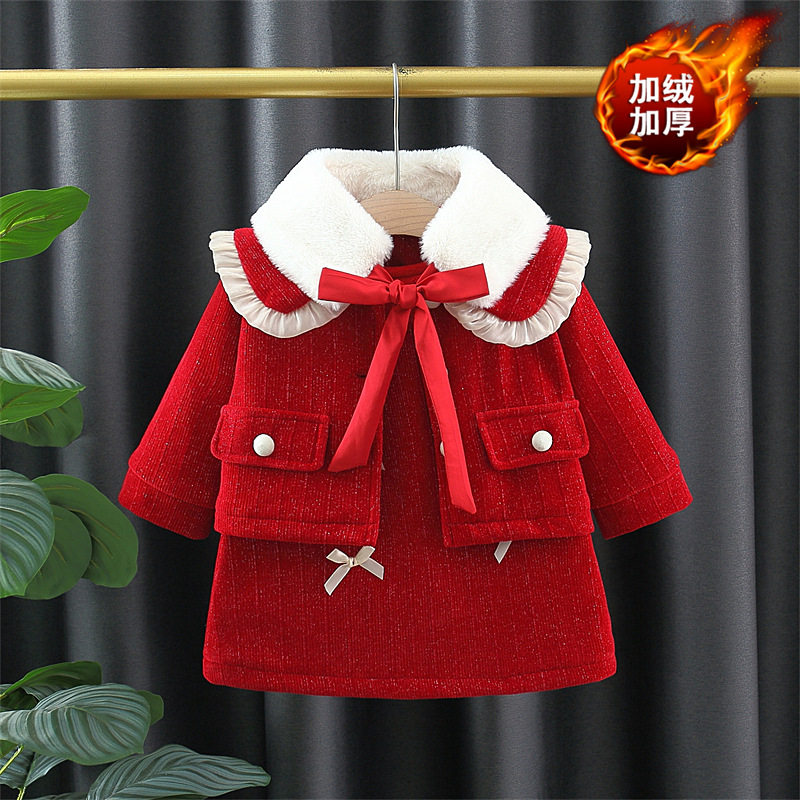 童装秋冬新款连衣裙套装女童红色喜气年服小童加绒外套背心裙4609