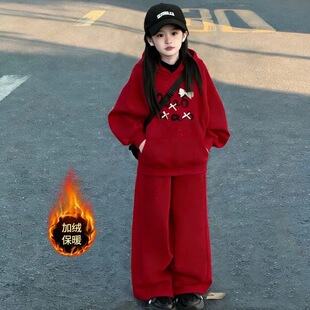 DULAN秋冬装高级感女宝本命年大红色卫衣套装女童加绒保暖拜年服