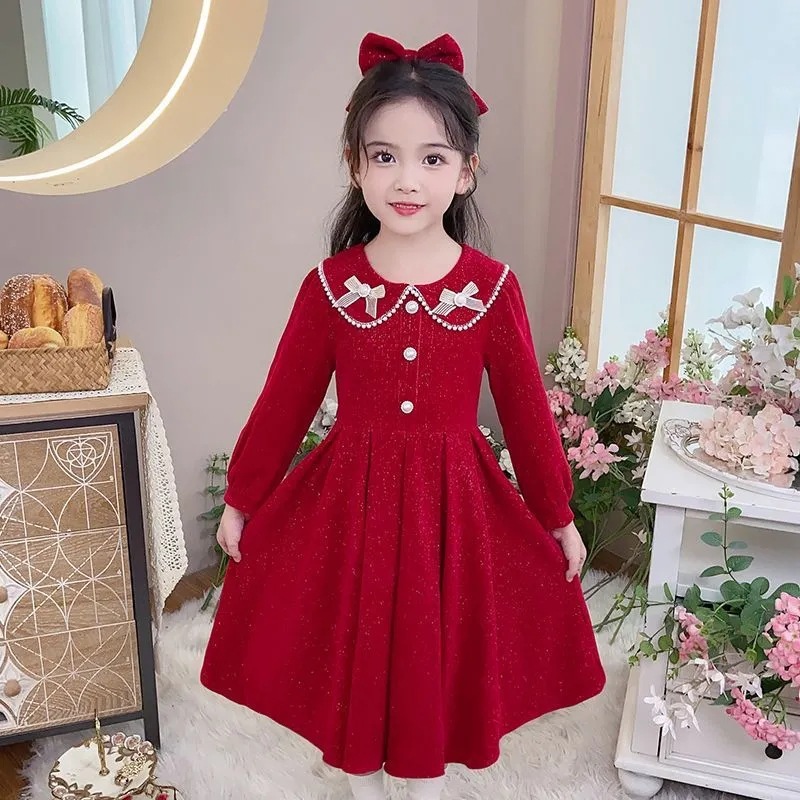 女童连衣裙秋冬新款时尚洋气中大童长袖娃娃领红色礼服儿童公主裙