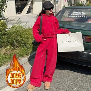 DULAN儿童洋气大红色两件套卫衣假日出行女大童加绒柔软保暖套装