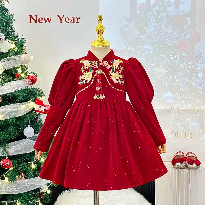 女童旗袍连衣裙秋冬新款小女孩冬装公主裙儿童红色过年复古裙子