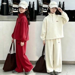 DULAN冬季中大童时髦立领半拉链卫衣套装女生百搭休闲大红色衣服