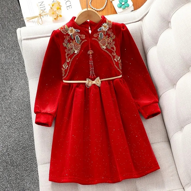 女童公主裙秋冬新款小女孩红色新中式礼服儿童新年衣服唐装连衣裙