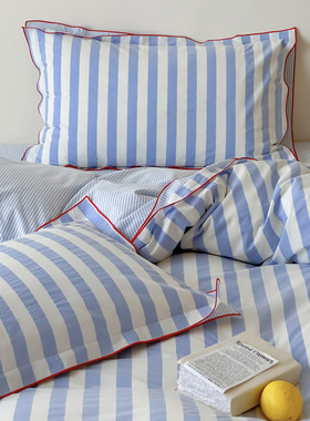 无印良品ins风复古蓝色条纹全棉60S水洗棉四件套纯棉小清新床品