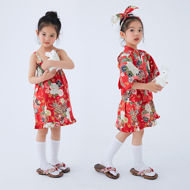 断码特价｜红绣球女孩连衣裙日系复古旅拍儿童纯棉浴衣套装春夏款