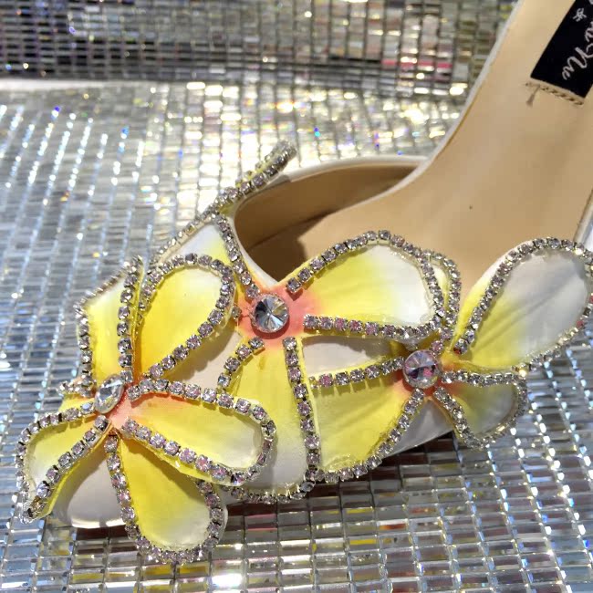 Chaussures de printemps femme en satin pointu paillette, Fleurs, faux diamant - princesse - semelle fond composite - Ref 996588 Image 5