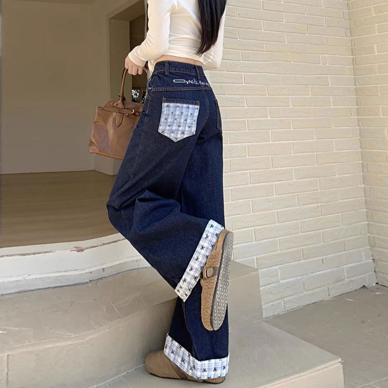 拼接设计蝴蝶格子刺绣直筒牛仔裤女大码高腰新款胖mm宽松阔腿长裤