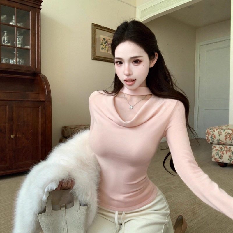 粉色荡领长袖T恤女秋冬季绒感内搭打底衫御姐风辣妹性感紧身上衣