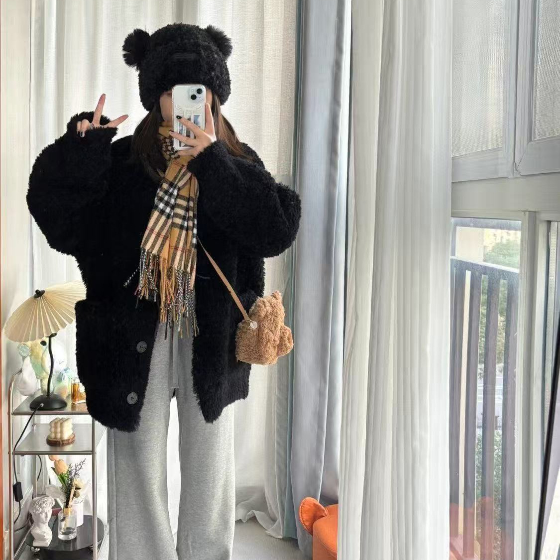 韩系慵懒风黑色毛衣开衫厚外套大衣仿羊羔毛绒宽松秋冬长袖上衣女