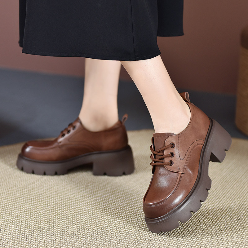 英伦风小皮鞋女2023春款系带厚底乐福鞋粗跟中跟单鞋复古真皮女鞋,女鞋,深口单鞋,淘宝优惠券,粉丝福利购,淘宝优惠卷
