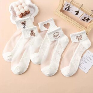 女春夏透气冰丝短袜防滑防勾丝透明水晶蕾丝花边小熊玻璃冰丝耐磨