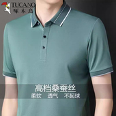 爸爸装 啄木鸟新款 中年宽松半袖 t恤男冰丝翻领POLO衫 桑蚕丝短袖