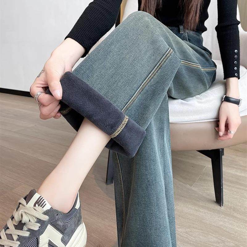 怀旧蓝窄版牛仔阔腿裤女秋冬新款高腰宽松显瘦加绒加厚复古直筒裤