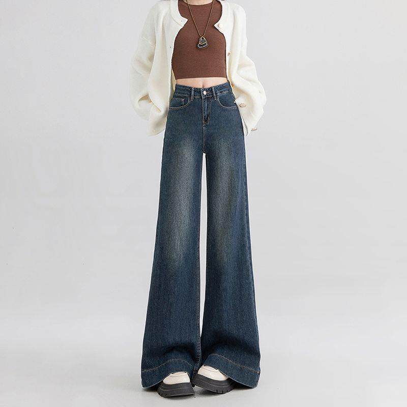 高腰阔腿复古牛仔裤女秋冬季2026年新款显瘦微喇宽松直筒拖地裤子