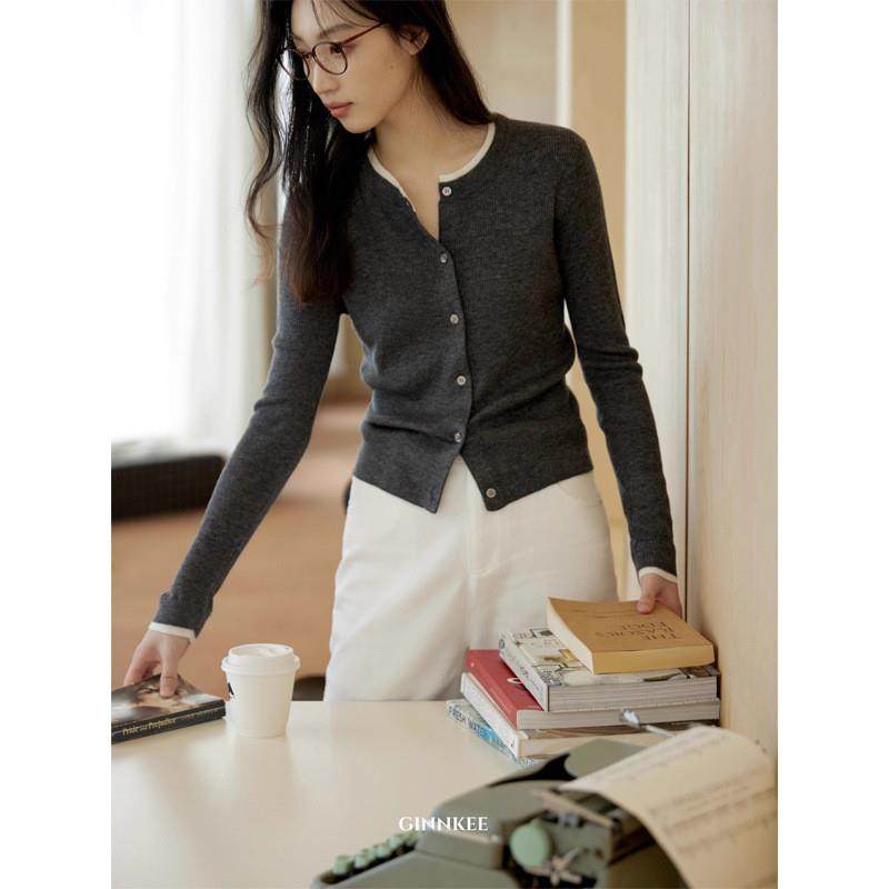 法式圆领撞色假两件针织开衫女春秋修身短款毛衣外套内搭打底上衣,女装/女士精品,毛针织衫,淘宝优惠券,粉丝福利购,淘宝优惠卷