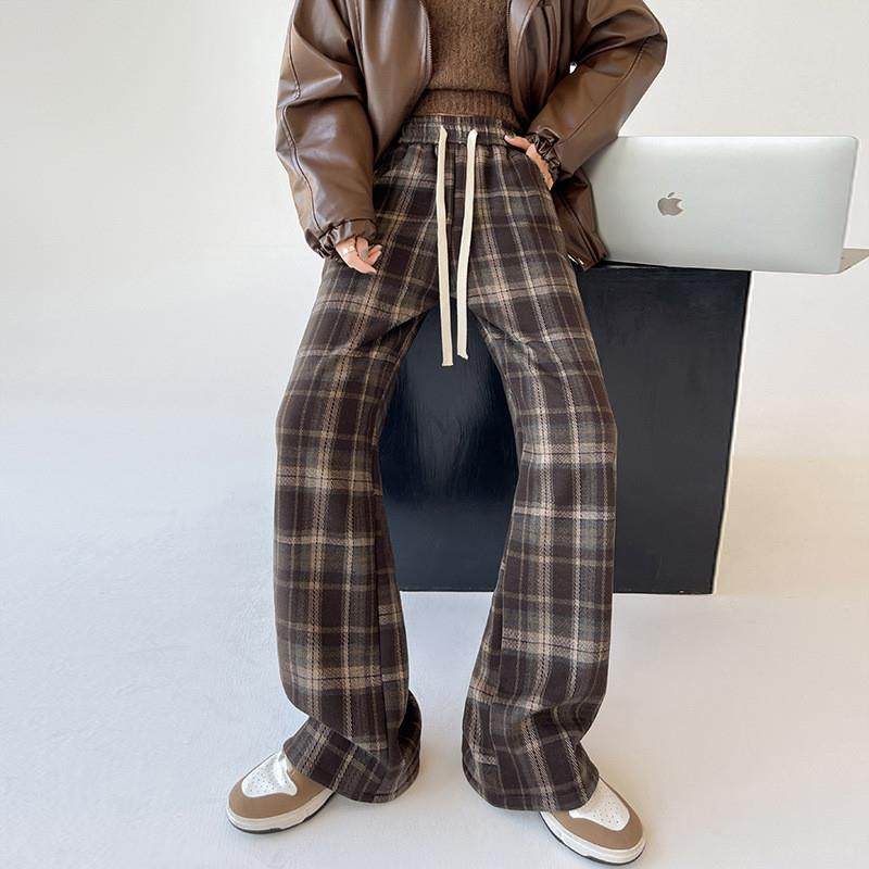 2025春款新款美拉德穿搭毛呢格子阔腿裤女复古高腰慵懒休闲直筒裤,女装/女士精品,休闲裤,淘宝优惠券,粉丝福利购,淘宝优惠卷