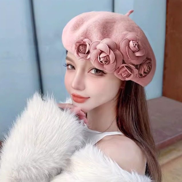 秋冬天新款立体山茶花朵羊毛呢贝雷帽女百搭复古网红显脸小画家帽,服饰配件/皮带/帽子/围巾,帽子,淘宝优惠券,粉丝福利购,淘宝优惠卷