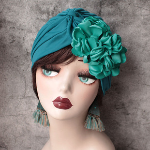 甜美花朵褶皱包头帽复古套头帽女跳舞发套月子头套度假包头巾帽子