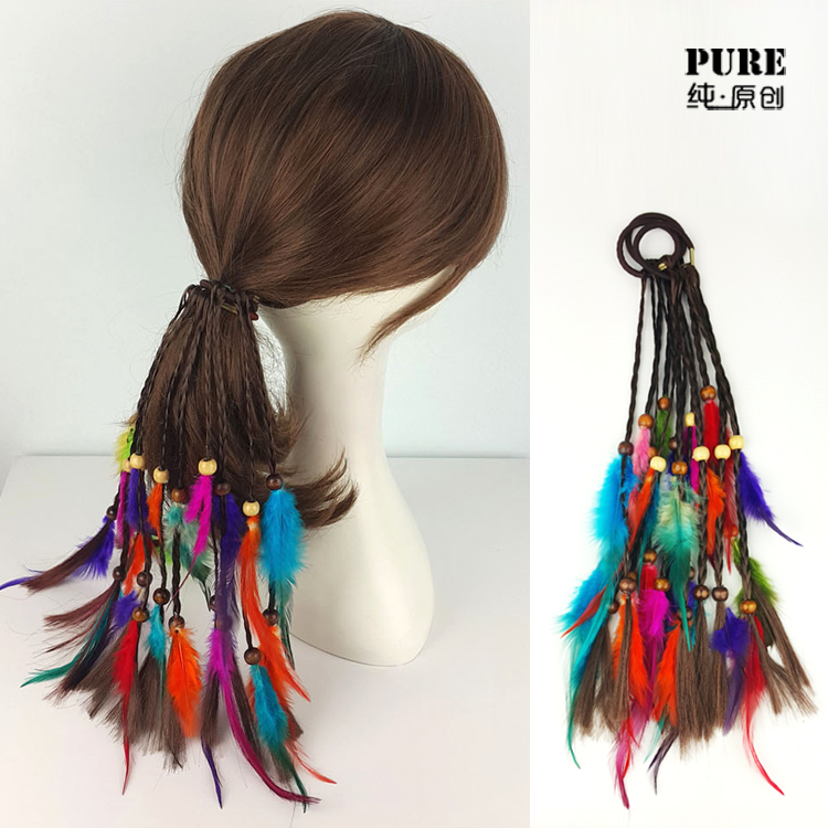 民族风羽毛发圈扎头发皮筋假发辫子长发绳儿童表演头饰脏辫女发饰