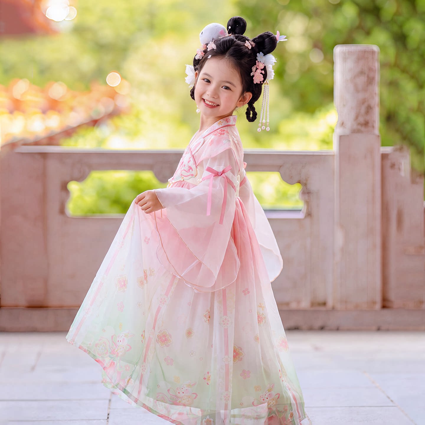 旗铂汉服女童春秋绝美玉兔连衣裙图片