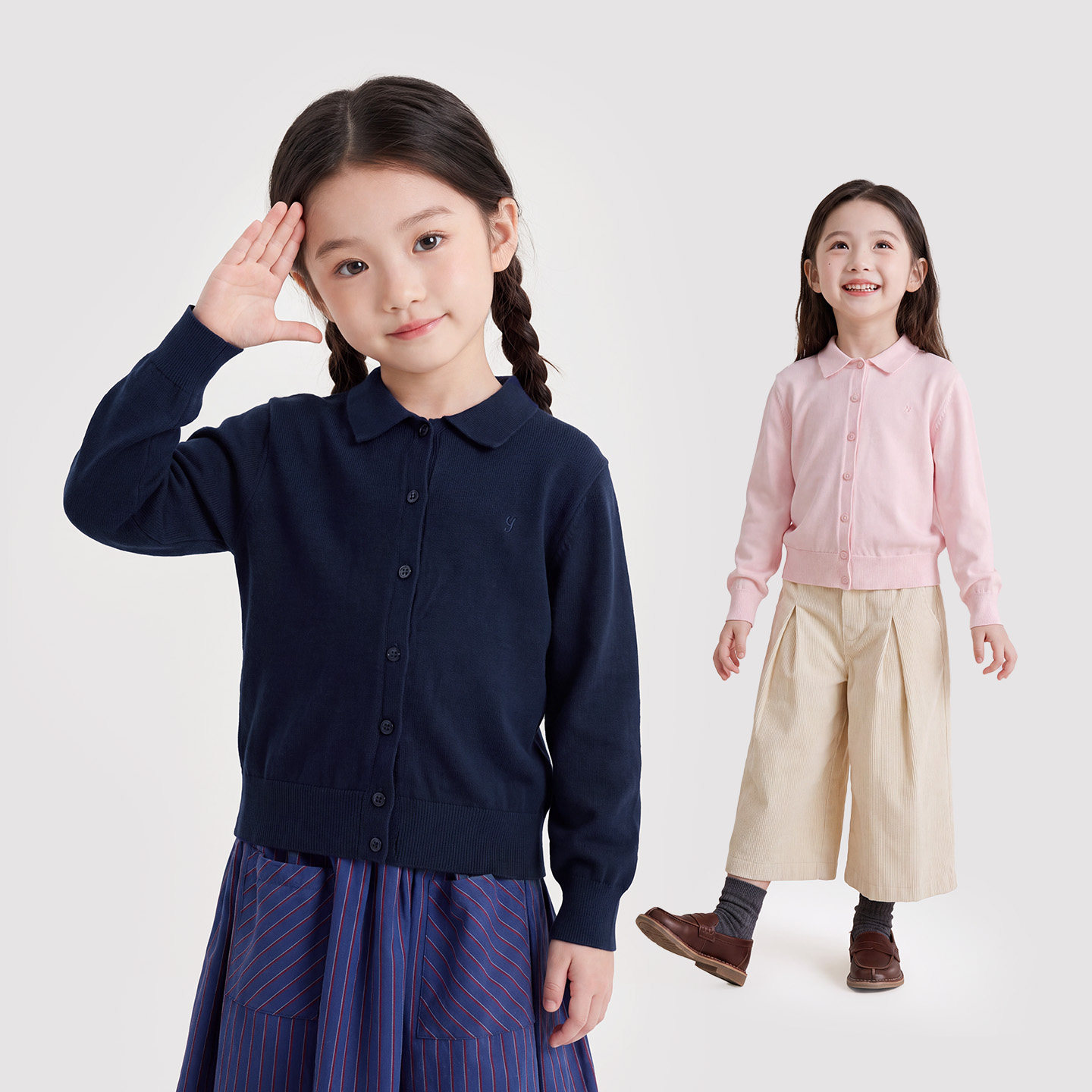 旗铂儿童毛衣春秋学院风POLO毛衣开衫女童长绒棉翻领针织长袖上衣