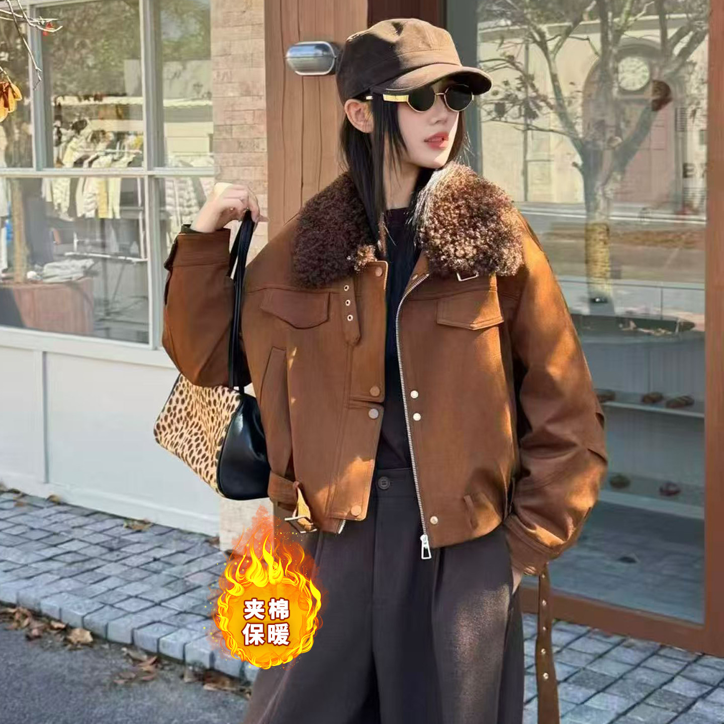 羊羔毛领拼接夹棉鹿皮绒外套女