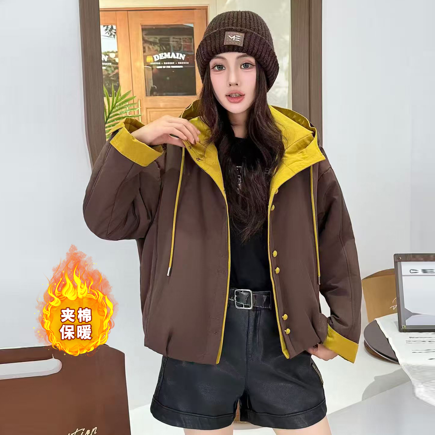 连帽撞色棉衣外套女冬季新款韩版时尚宽松休闲减龄设计感加厚棉服