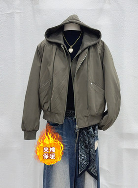 冬季韩版假两件连帽工装棉衣女