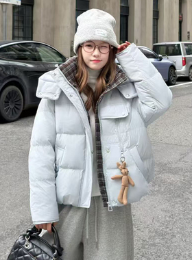 拼接连帽羽绒服女短款冬季韩版宽松休闲设计感小兔子保暖鸭绒外套