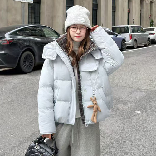 拼接连帽羽绒服女短款冬季韩版潮