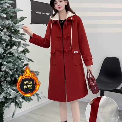 加绒加厚牛加扣毛呢中长款外套女