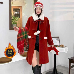 牛角扣加绒毛呢外套女中长款冬季气质显瘦可拆卸毛领加厚呢子大衣