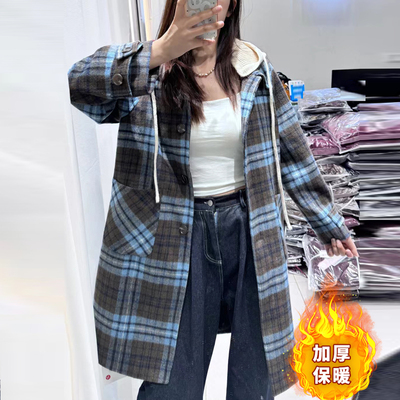 可拆卸帽夹棉格子毛呢外套女冬季