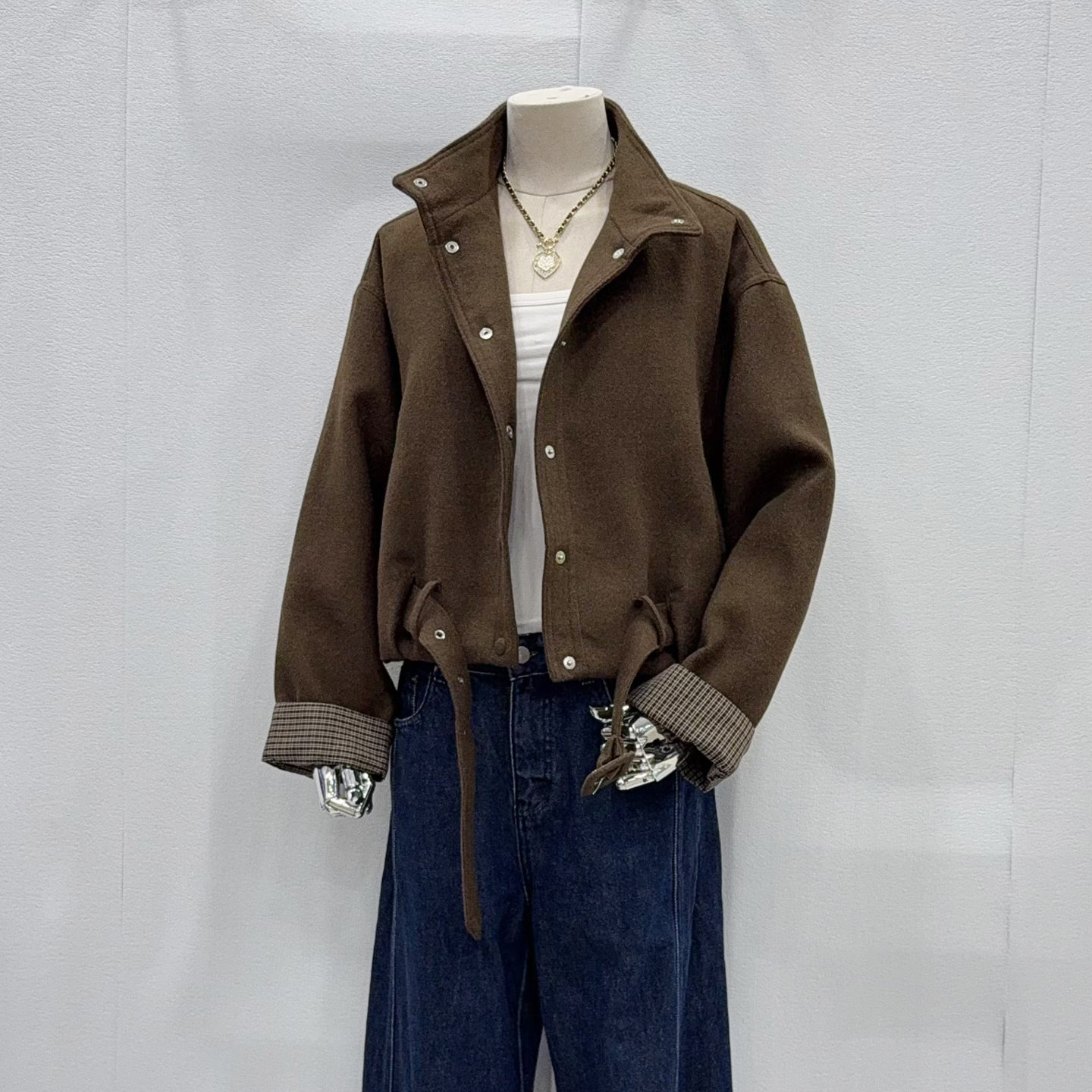 立领仿毛呢外套女短款秋冬时尚宽松设计感小个子休闲百搭拼接上衣