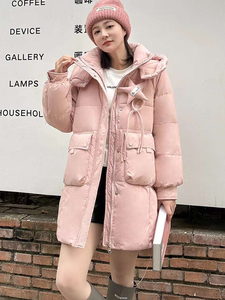 连帽羽绒服女中长款冬季新款韩版宽松加厚设计感五角星白鸭绒外套