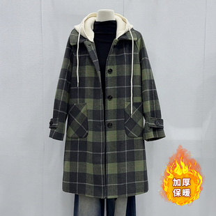 可拆卸帽夹棉格子仿毛呢外套女冬韩系时尚高级感加厚中长呢子大衣